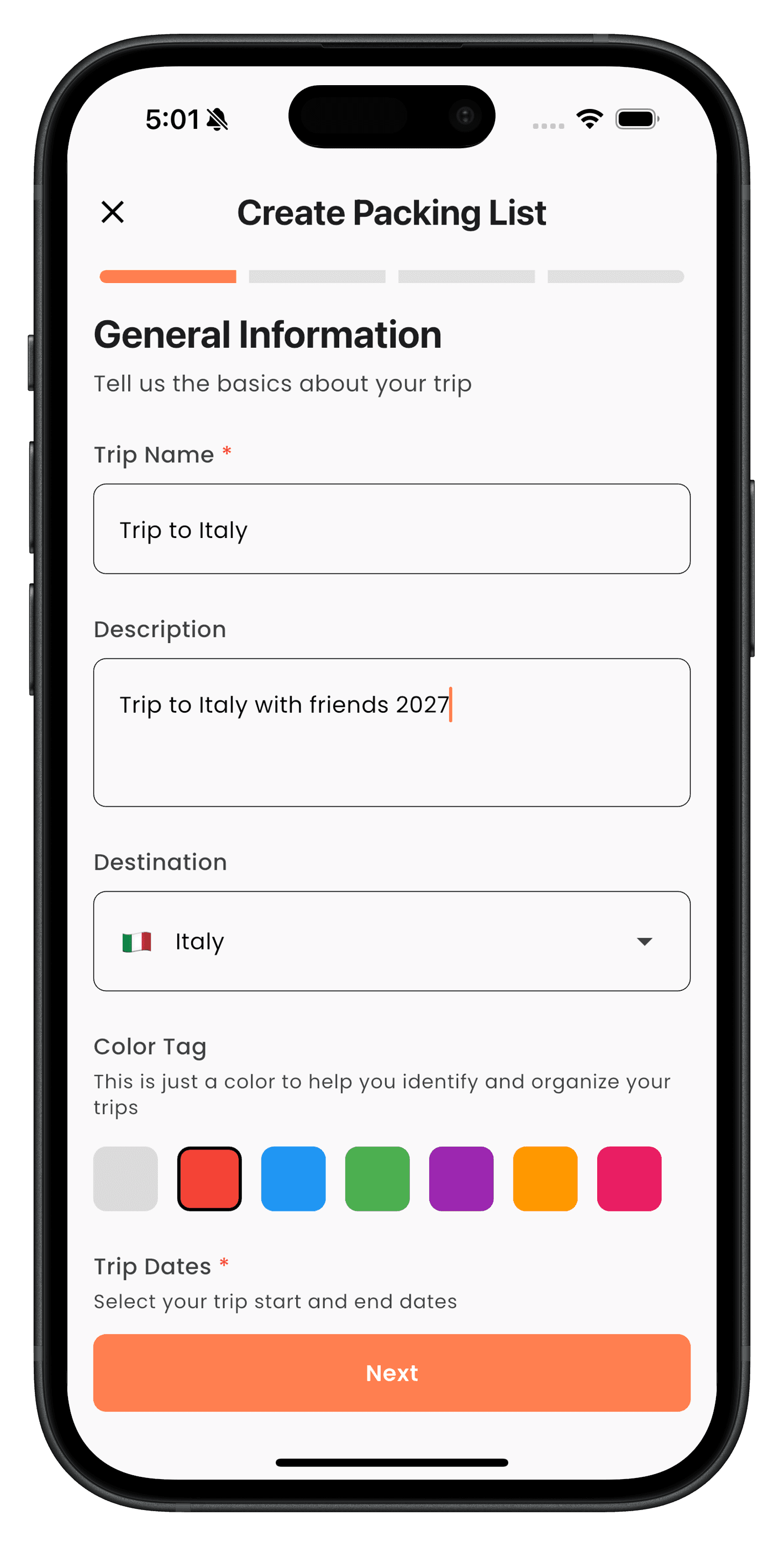 Kaboodle create packing list screen with trip name, destination, and dates