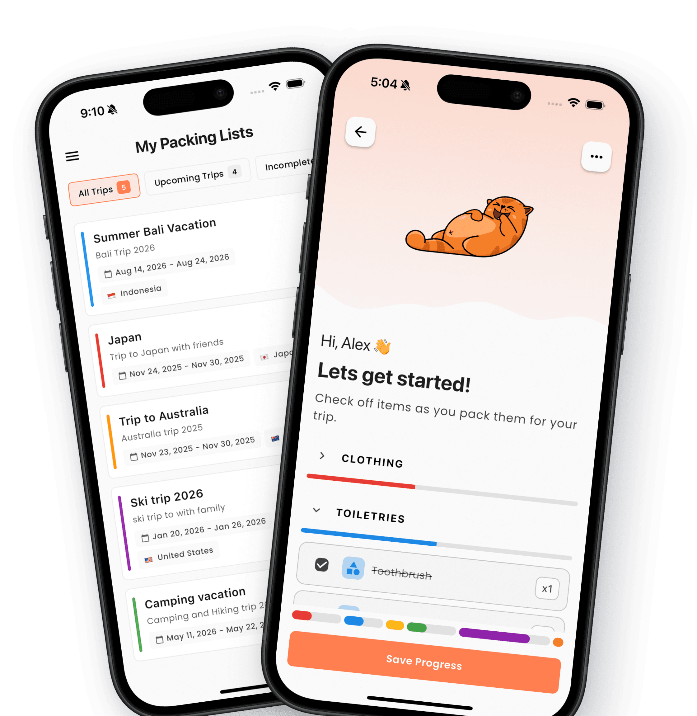Two overlapping phones showing a Kaboodle packing list and trip details