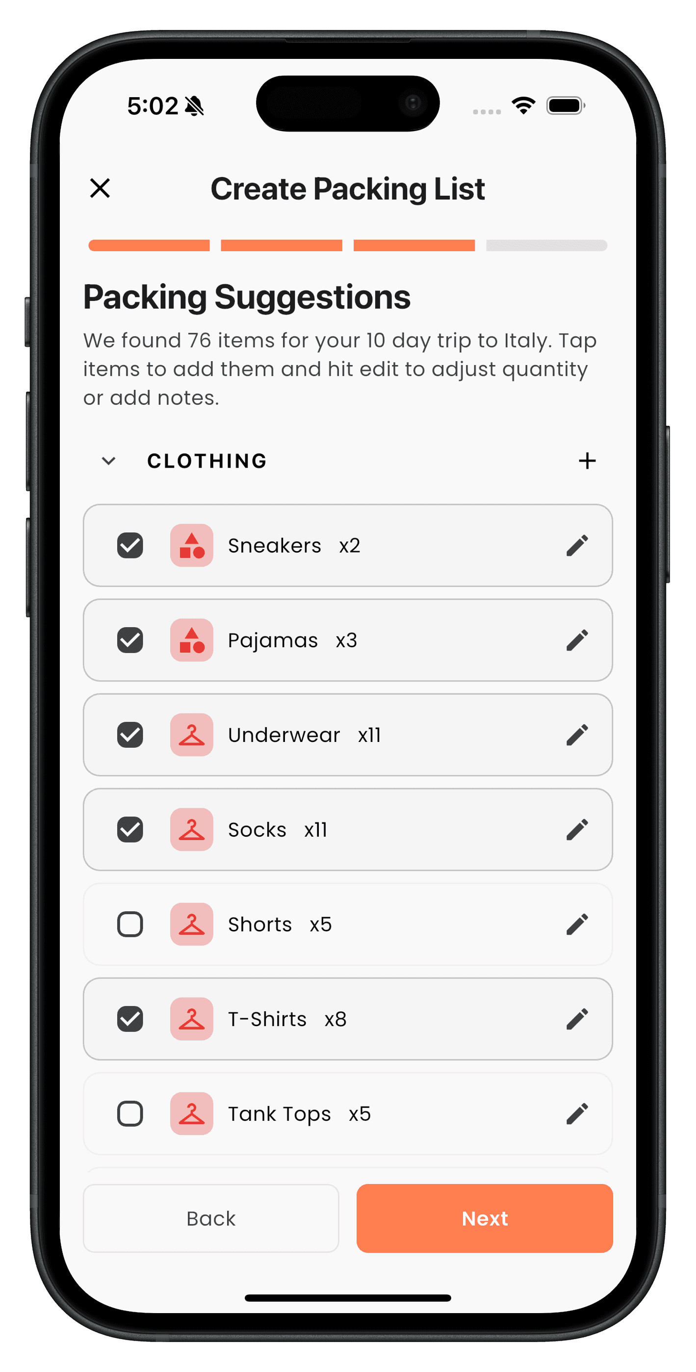 Kaboodle packing suggestions screen with selectable items