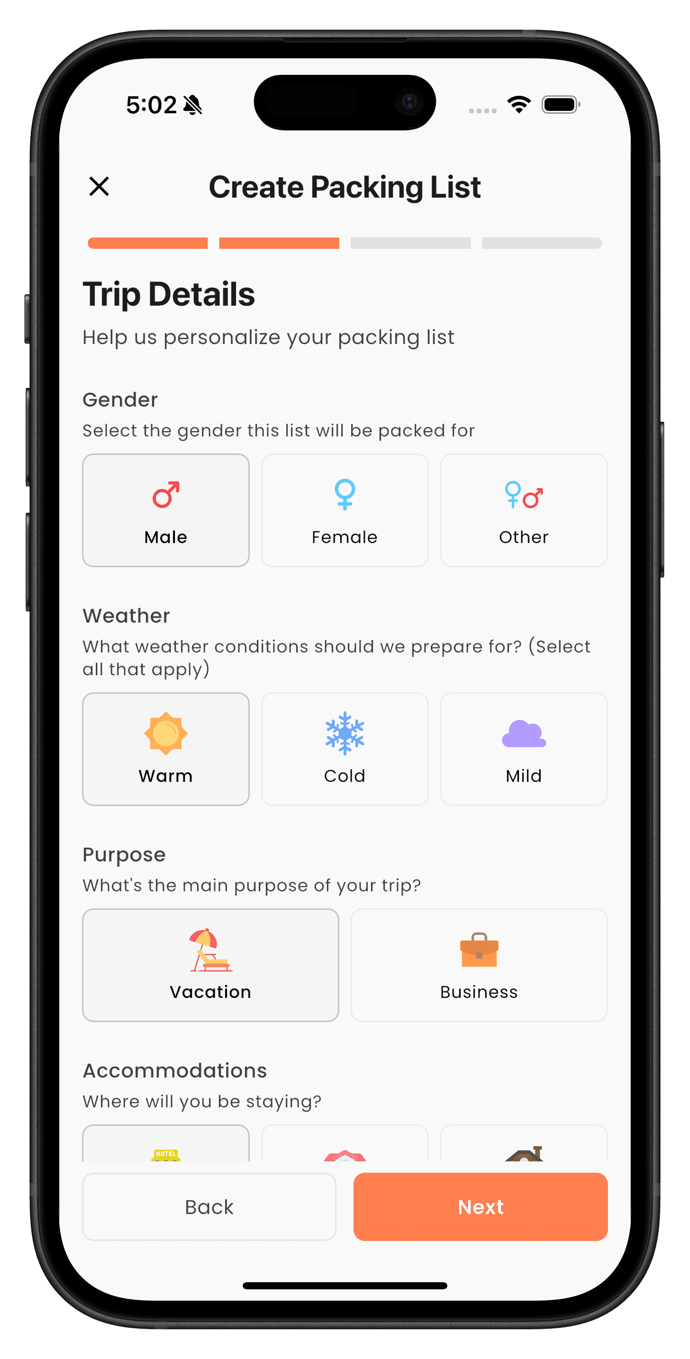 Kaboodle trip details screen with weather and purpose options