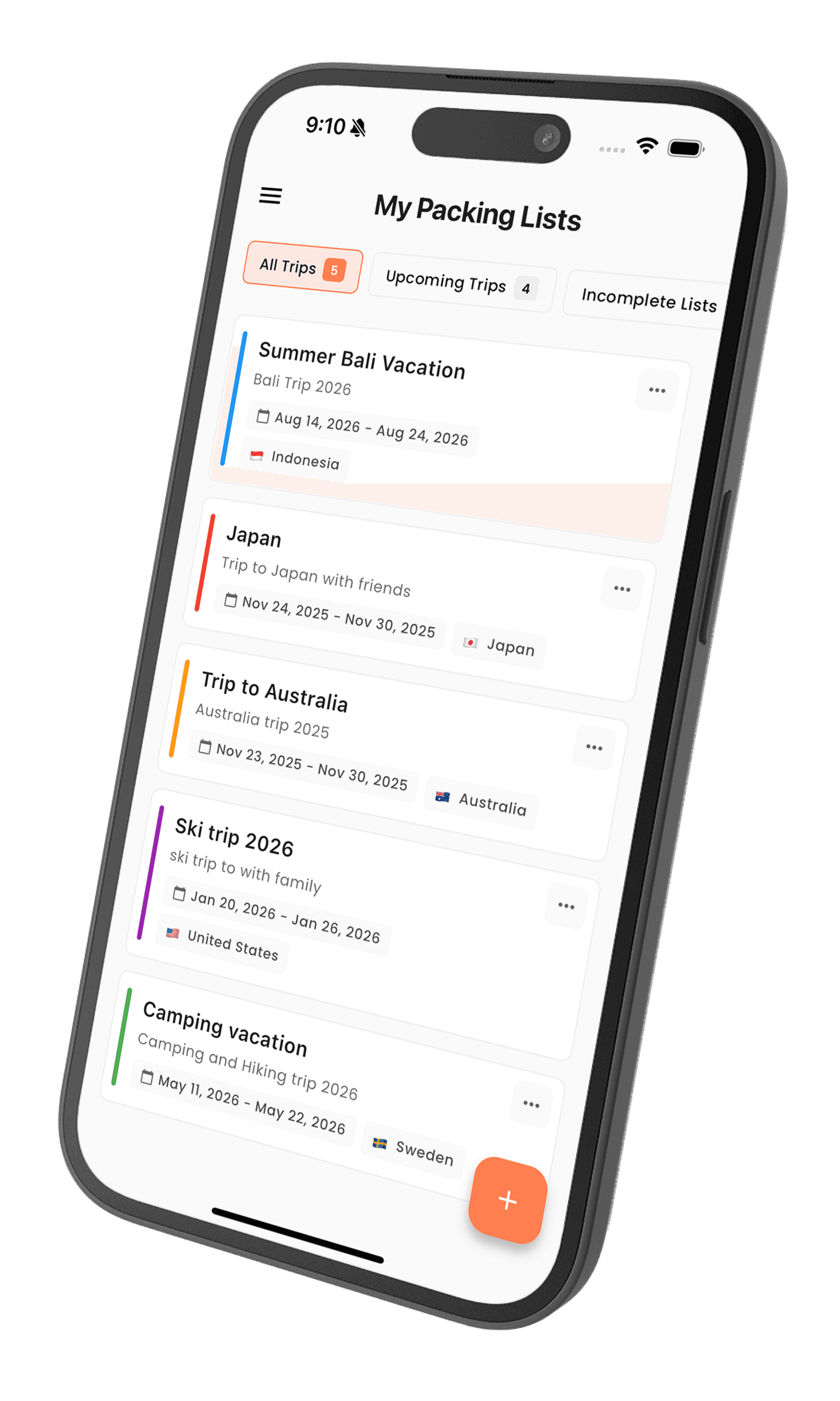 Phone showing Kaboodle's upcoming trips with packing progress